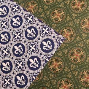 Christmas Wrapping Paper - Fleur-de-Lys on Blue and Gold & Red Cross on Green